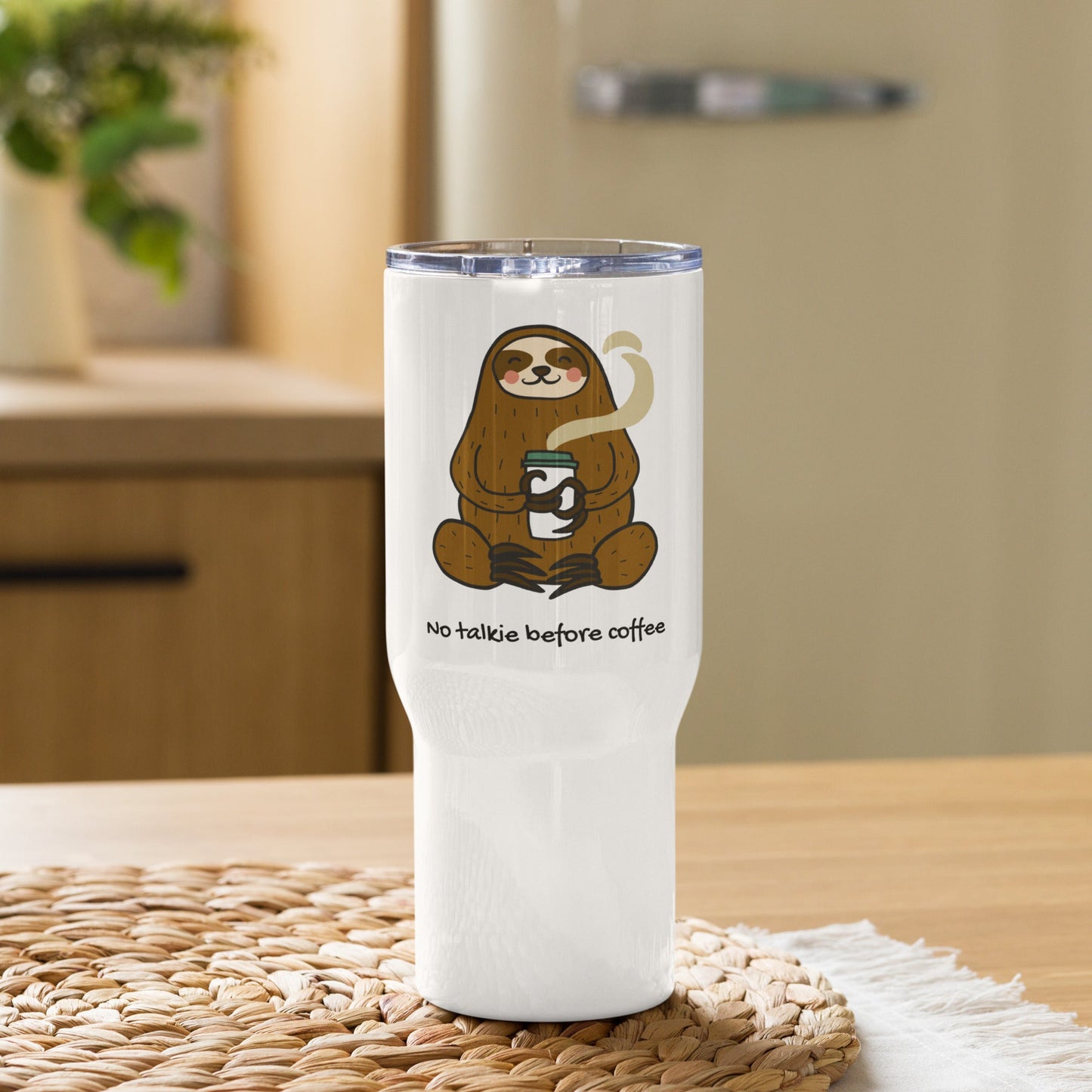 No Talkie Before Coffee: Kickstart Your Day with this Travel Mug with Handle!